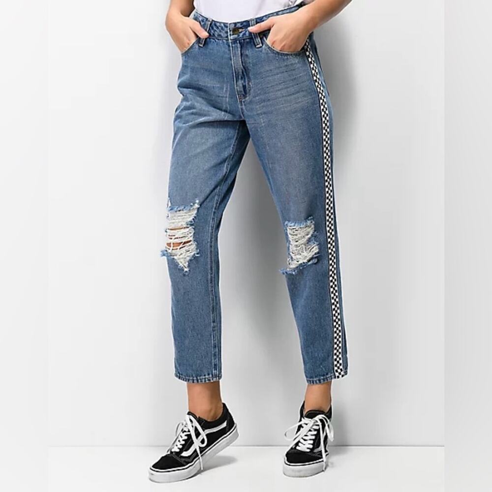 Empyre Eileen Checkered Striped Light Wash Mom Jeans Size 1